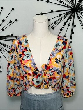 BCBGeneration Yellow Floral Tie Front Crop Top Puff Sleeve Size Large